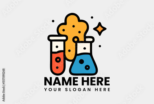Colorful chemistry experiment icon with bubbling beakers illustrating scientific reactions. Science concept
