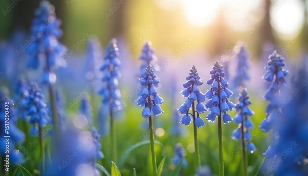 Obraz premium Field vibrant bluebells flowers in rich green grass. Serene springtime nature scenery, fresh air. Blooming flora in garden. Spring season, botanical beauty, scenic, peaceful environment, idyllic view.