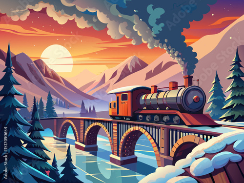 vector of A steam train crosses a snowy bridge at sunset.