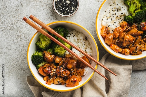 Asian food: rice with broccoli and pork in sweet and sour sauce.