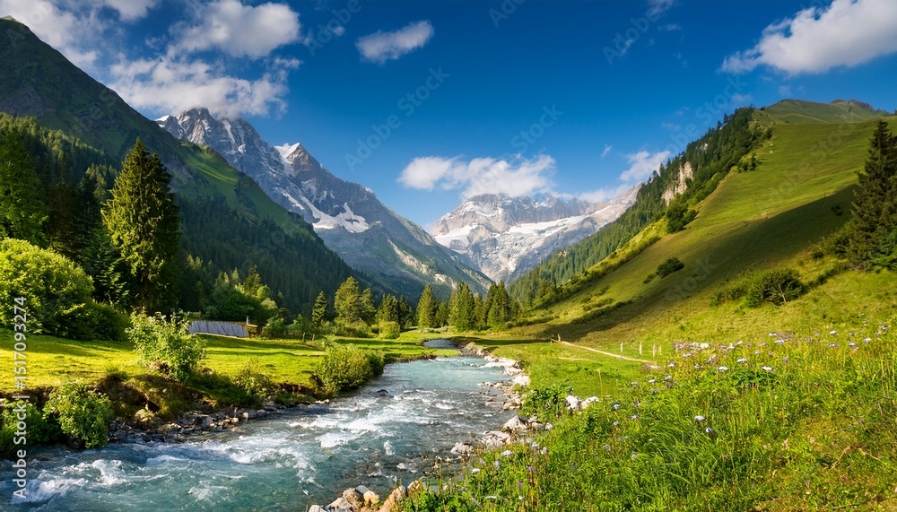 tranquil alpine valley with a mountain river tranquil alpine valley with a mountain river