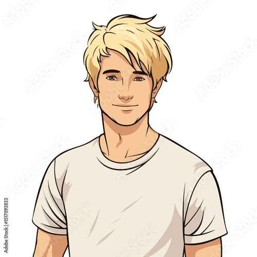 Professional Color Contour Cartoon Half Body Illustration of a Blond Man with Trendy Style