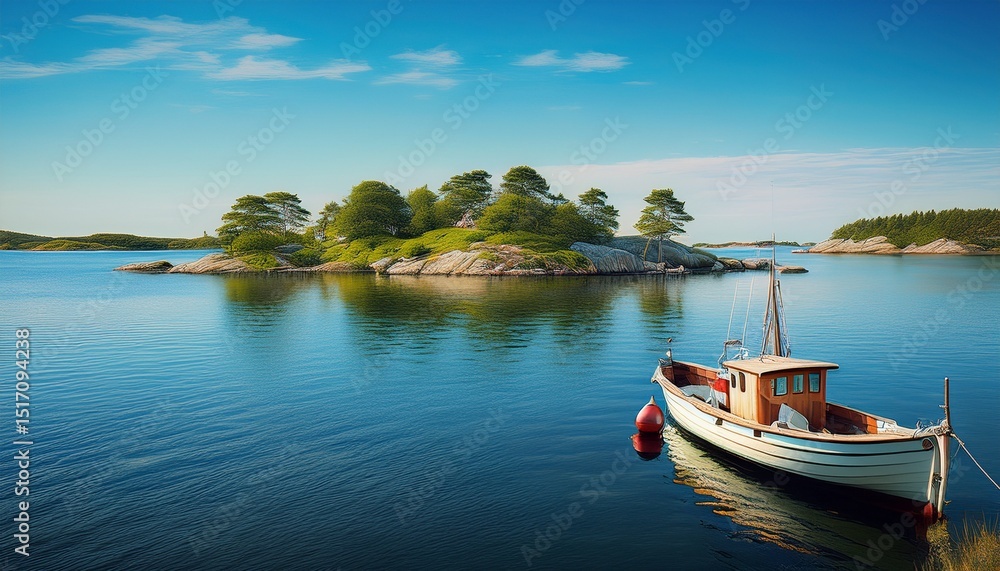 Fototapeta premium small fishing boat and beautiful idyllic island in the swedish archipelago generative ai