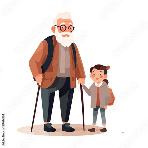 Elderly Grandfather Avatar with Glasses and Cane - Realistic Vector Illustration