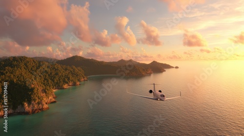 Private Jet Flying Over Tropical Island at Sunset Sky Horizon