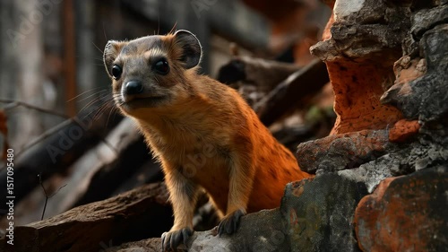 Curious rock hyrax cautiously looks over crumbling stone wall in a ruined building, close up wildlife portrait in natural sunlight.