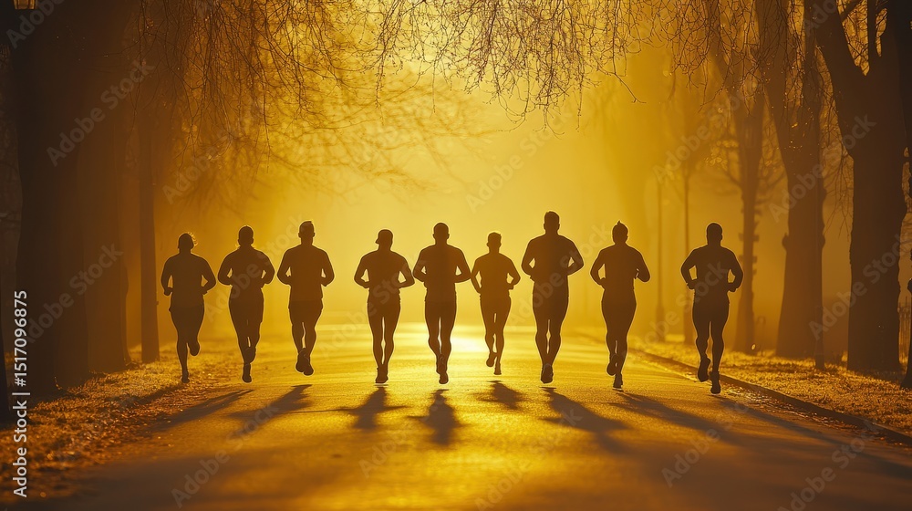 Fototapeta premium Sunrise Silhouette of Runners on a Tree-Lined Pathway
