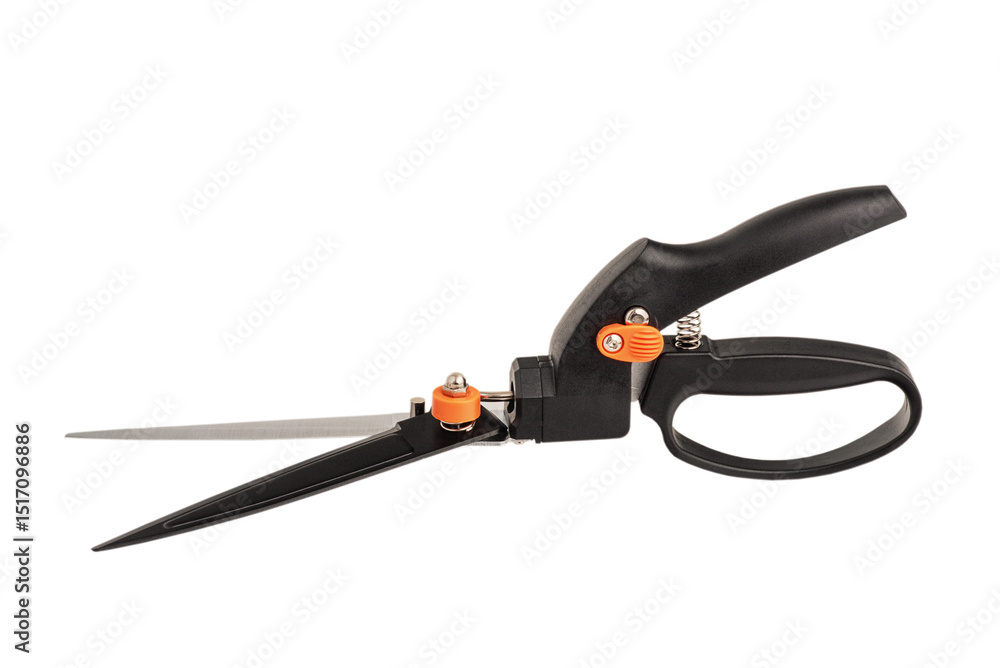 Fototapeta premium Black and orange garden shears isolated. Garden tool for mowing the lawn