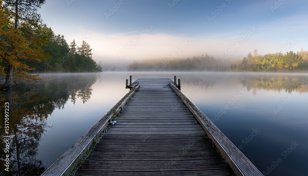 Fototapeta premium calm foggy dock on a secluded lake