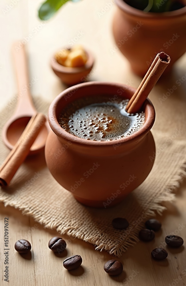 Fototapeta premium Cafe de Olla, traditional Mexican coffee in clay cup. Dark, aromatic beverage with cinnamon stick, piloncillo. Rustic wooden surface, coffee beans. Homemade, delicious hot drink, pottery jarrito.