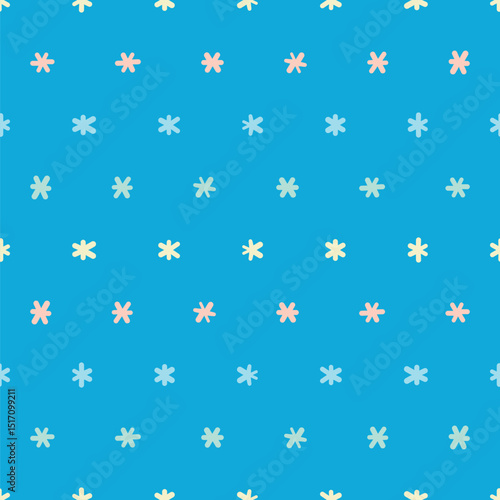 Abstract flower vector wallpaper illustration. Retro star motif seamlessly pattern in blue, yellow, orange and green.