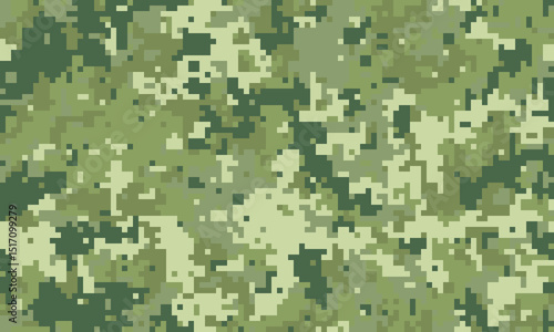 Abstract pixelated camouflage pattern in shades of green and beige.  Perfect for backgrounds, textile designs, or militarythemed projects.  Digital, seamless, and versatile.
