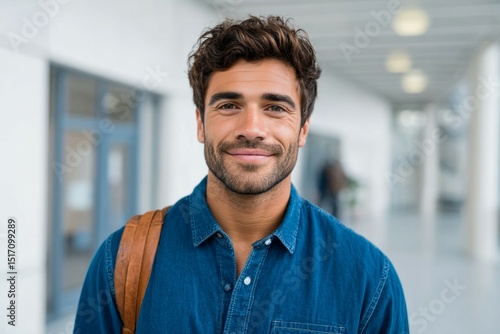 Young hispanic male in denim shirt smiling indoors with backpack