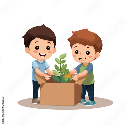 Professional Image of Two Young Kids, Boy Holding a Box with Toys - EPS File