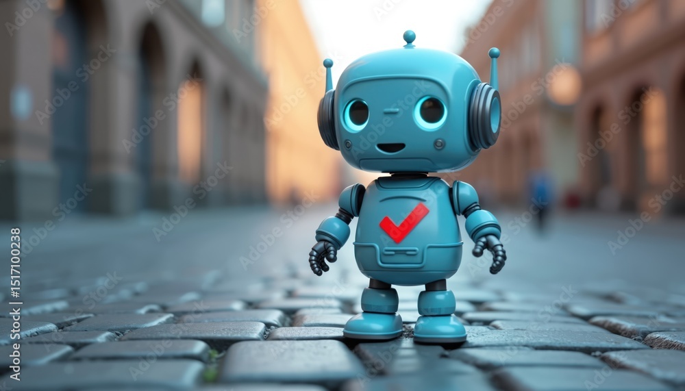 custom made wallpaper toronto digitalCute robot character stands on cobblestone street. Robotic AI assistant with checkmark on chest in urban setting. Artificial intelligence tech concept for business. AI chatbot, online support.