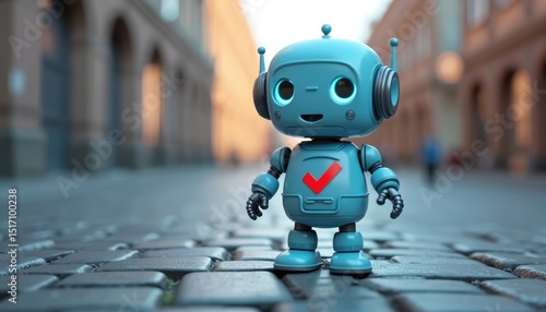 Wallpaper Mural Cute robot character stands on cobblestone street. Robotic AI assistant with checkmark on chest in urban setting. Artificial intelligence tech concept for business. AI chatbot, online support. Torontodigital.ca
