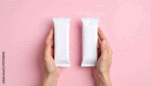 Blank white hand candy foil wrapper mock up, top view. pink background. 