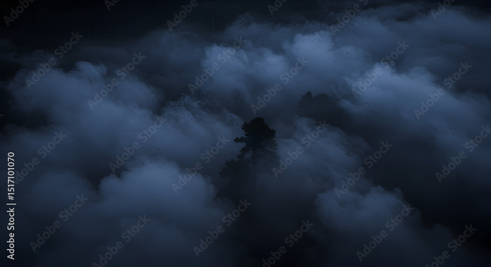 Fototapeta premium Eerie landscape with trees in the fog, dark and moody.