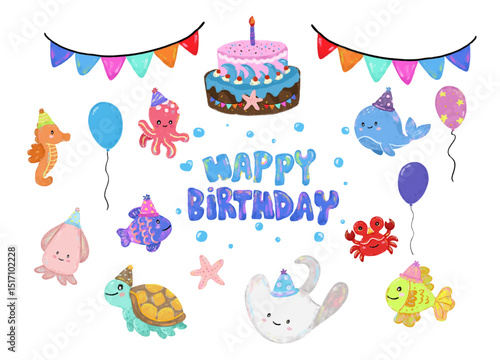 set collection of Cute hand drawn ocean sea beach animals creatures wearing happy birthday party hat in colorful pastel colors character doodle illustration kids celebration crayon watercolour clipart