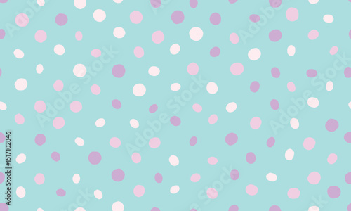 Pastel pink and white polka dots scattered on a light teal background.  A cheerful, playful pattern perfect for textiles, wrapping paper, or website backgrounds.
