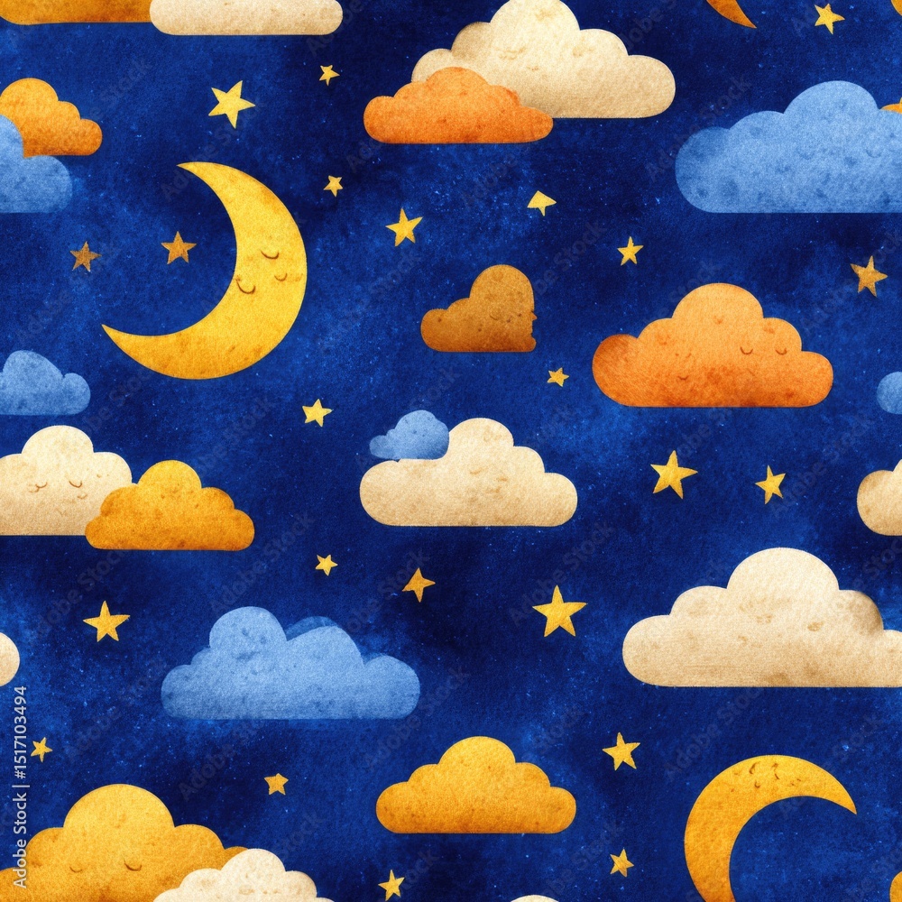 Naklejka premium seamless texture this features a vibrant cartoon night sky with cheerful clouds, smiling moons, and bright stars, perfect for creating playful backgrounds in various design projects.