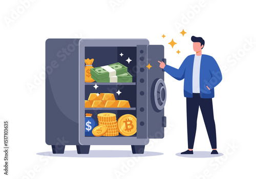 flat vector of a man standing next to an open safe filled with stacks of cash, gold bars, a bag of money, and a large bitcoin