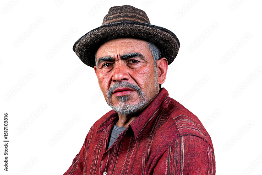 Hispanic older man in fedora hat and red shirt, cut out transparent Hispanic older man in fedora hat and red shirt, cut out transparent