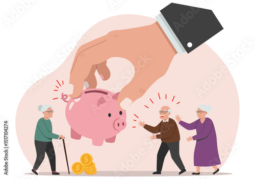 flat vector illustration showing a giant hand inserting a coin into a pink piggy bank. In the foreground, depict two elderly people looking distressed with gold coins scattered on the ground.