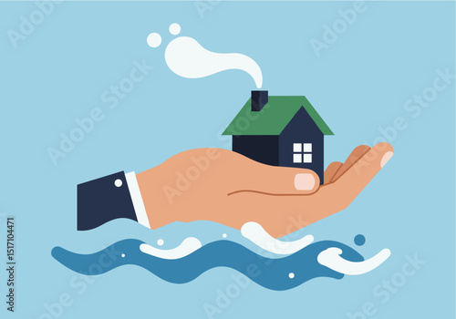  flat vector of a hand holding a small house above rising blue waves. There should be smoke coming from the chimney of the house