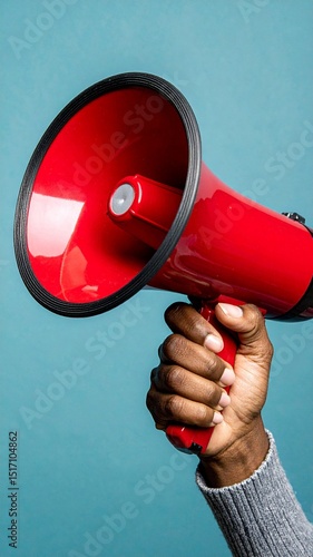 Holding red megaphone speaker on blue background, closeup. Vertical photo