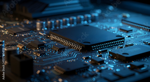 A close-up of a detailed, illuminated computer circuit board.