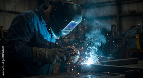 Welder at work, sparks flying in industrial setting.
