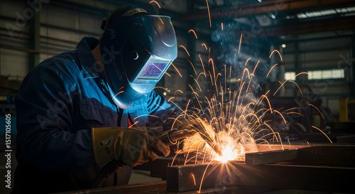 A welder at work in a factory, creating sparks.