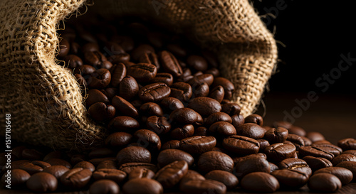 Coffee beans spilling from a burlap sack on a wooden surface