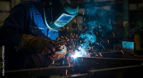 Welder in action with protective gear and sparks.