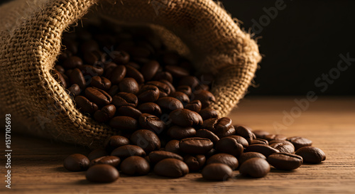 Roasted coffee beans spilling out of burlap sack on wooden surface.
