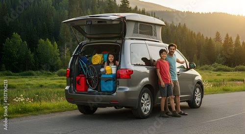 Family road trip with camper van in nature