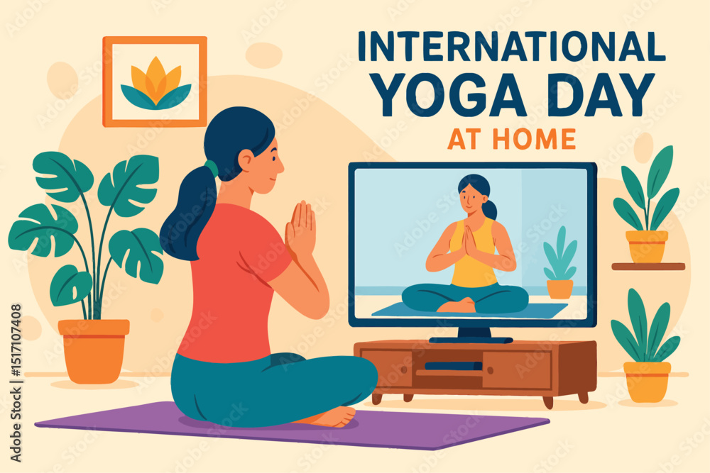 Vector art of Woman practicing yoga at home watching online class for international yoga day Vector art of Woman practicing yoga at home watching online class for international yoga day
