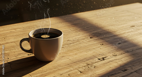 Steaming cup of coffee on a rustic wooden table in morning light.