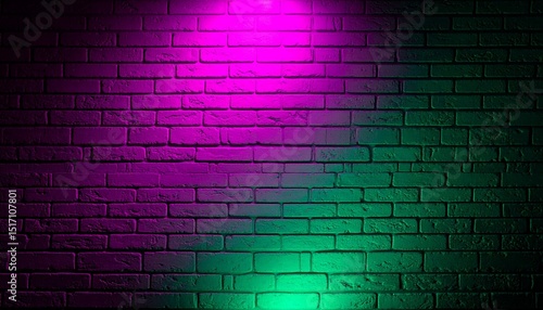 Glowing neon light on an old brick wall with green and magenta illumination. Abstract grunge background with copy space, vibrant lighting effect and urban texture for modern design.