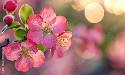 Pink Apple Blossoms in Bloom with Soft Bokeh in Pink and Orange in Bright Natural Light