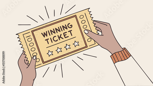 Hands holding a winning lottery ticket with stars and shine effect  