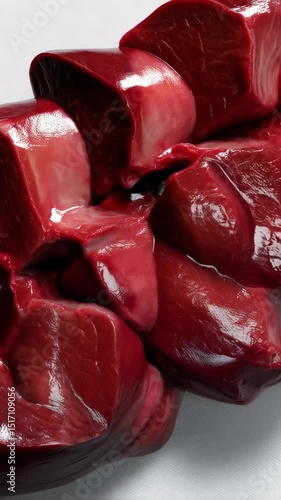 Close-up view of fresh raw beef liver pieces stacked together on a plain background, showcasing the deep red color and meaty texture