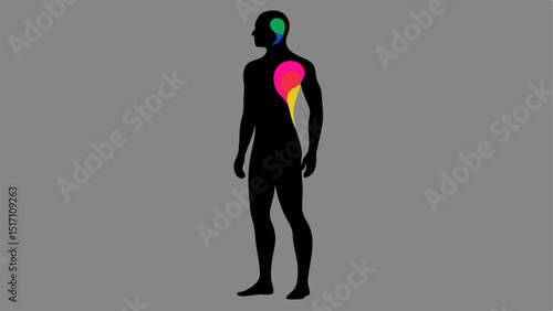 FullBody Silhouette A side view of a human silhouette overlaid with a grayscale MRI scan that highlights major with vibrant colored markers indicating areas associated with