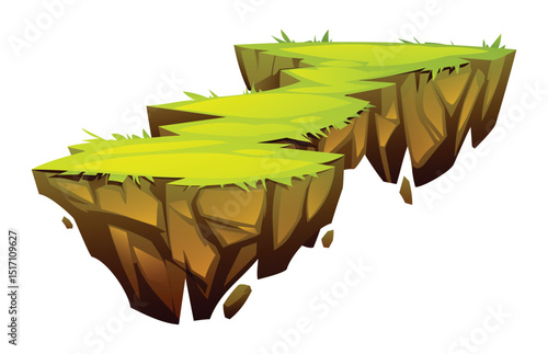 Fantasy floating island terrain with grass and rocky base. Vector cartoon illustration