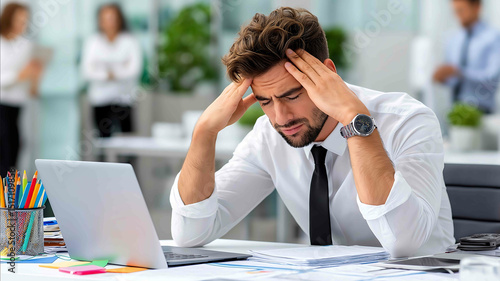The image shows a side view of man dressed in formal business attire sitting with frustration or stress The setting appears to be a modern office desk compu