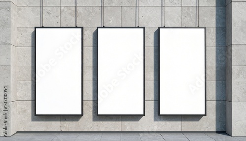 A set of three outdoor vertical wall facade banners, billboard or signs hanging on the concrete wall of a building. Place for advertising.