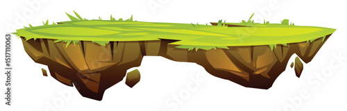 Wide and long floating island terrain with grass and rocky bottom. Vector cartoon illustration