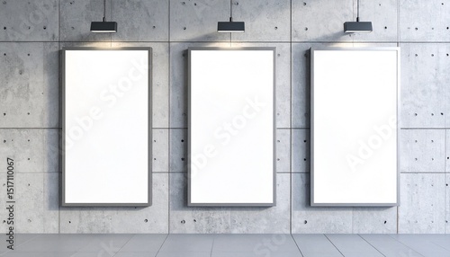 A set of three outdoor vertical wall facade banners, billboard or signs hanging on the concrete wall of a building. Place for advertising. 