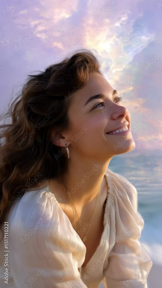 A woman gazes towards the heavens at the seaside with soft colors, sunbeams, a necklace, and gentle waves in the background. A woman gazes towards the heavens at the seaside with soft colors, sunbeams, a necklace, and gentle waves in the background.